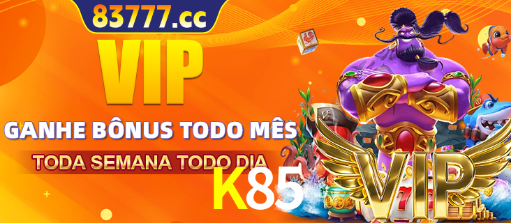 Banner promocional do K85 oferecendo 100% de recompensas adicionais contínuas para quem fizer o login diário (Daily sign-in), com um mascote de coelho.