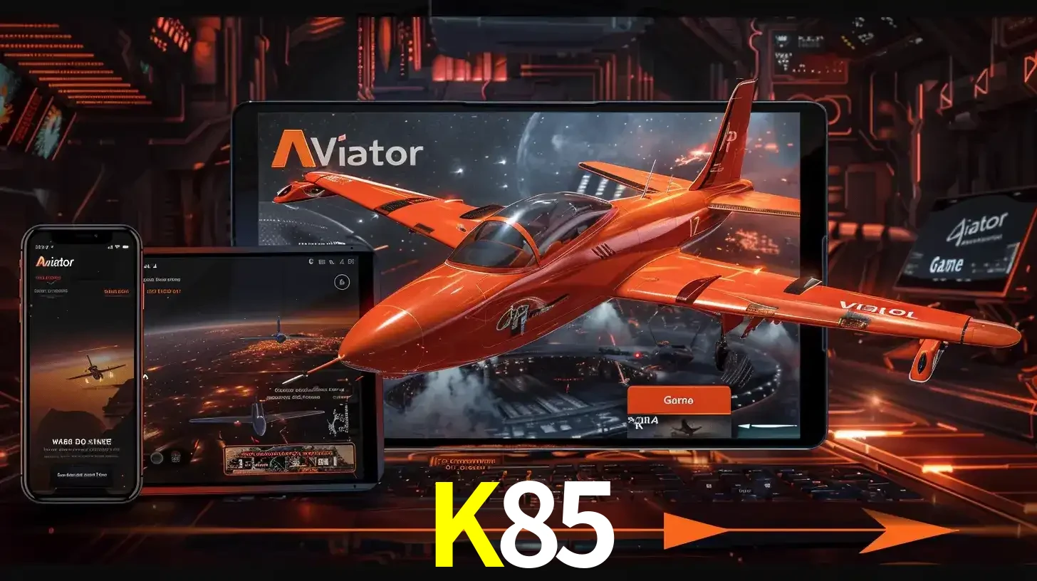 Apresentação tecnológica do jogo Aviator com um avião saindo da tela de um tablet, demonstrando a experiência imersiva em múltiplos dispositivos no K85.