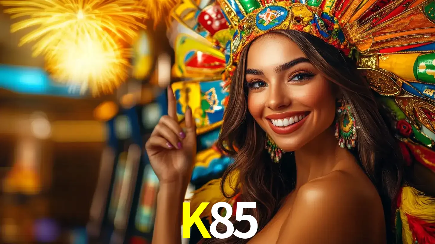 Mulher sorridente com um cocar de carnaval vibrante e colorido, celebrando uma grande vitória nos jogos do cassino K85 com fogos de artifício ao fundo.
