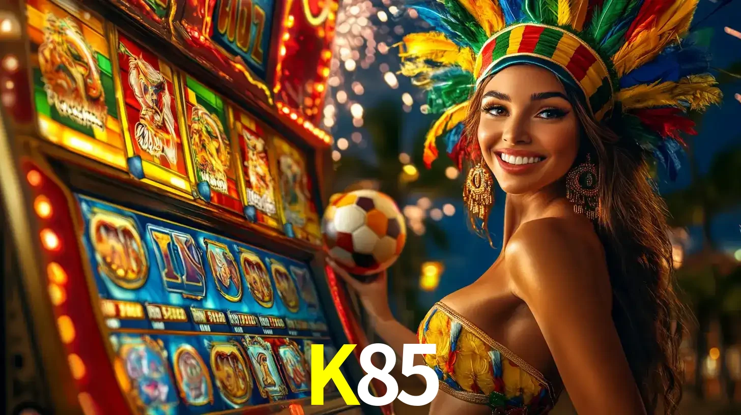 Mulher com um cocar de carnaval ao lado de uma máquina de caça-níqueis enquanto segura uma bola de futebol, mostrando a união da diversão de cassino e esportes no K85.