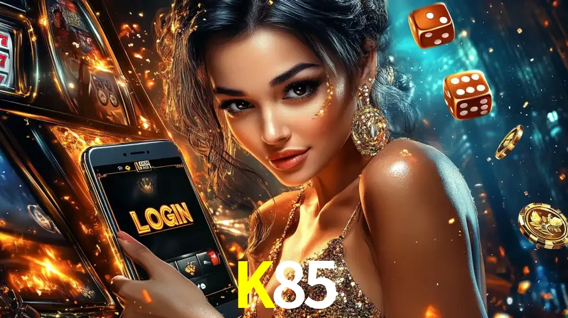 Mulher glamourosa segurando um celular com a tela de login do cassino K85, rodeada por dados e moedas douradas, pronta para começar a diversão.