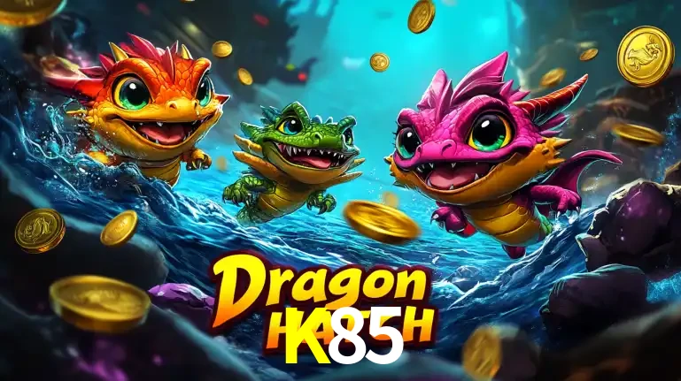 Arte promocional do jogo Dragon Hatch com três adoráveis dragões bebês nadando entre moedas de ouro, um dos slots mais divertidos para jogar no cassino K85.