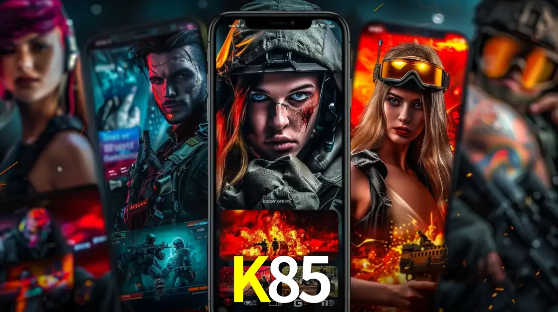 Montagem de telas de celular mostrando diversos personagens, masculinos e femininos, de um jogo de tiro, ilustrando a diversidade de equipes de e-sports para apostar no K85.