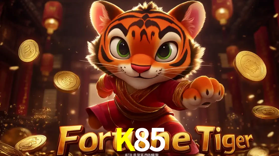 O carismático mascote do jogo de slot Fortune Tiger, um tigre fofo em pose de artes marciais, pronto para trazer sorte e multiplicadores de ganhos no cassino online K85.