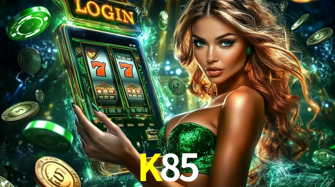 Mulher com tema verde apresentando o aplicativo do cassino K85 com um jogo de slot de 777, cercada por fichas de cassino e uma aura de sorte.