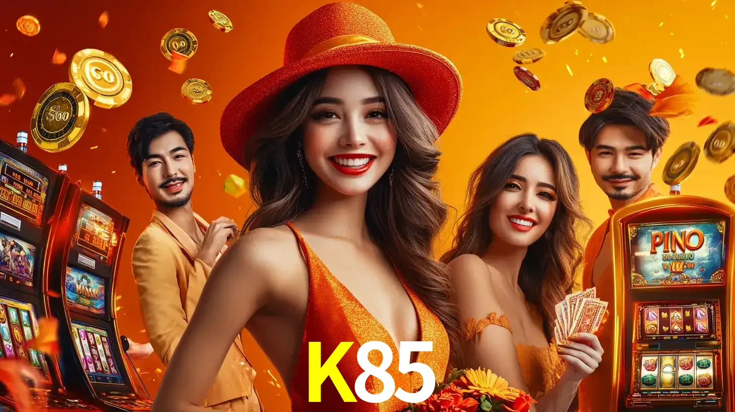 Grupo de amigos asiáticos sorrindo e se divertindo com máquinas de caça-níqueis em um ambiente festivo, celebrando suas vitórias nos jogos de cassino do K85.