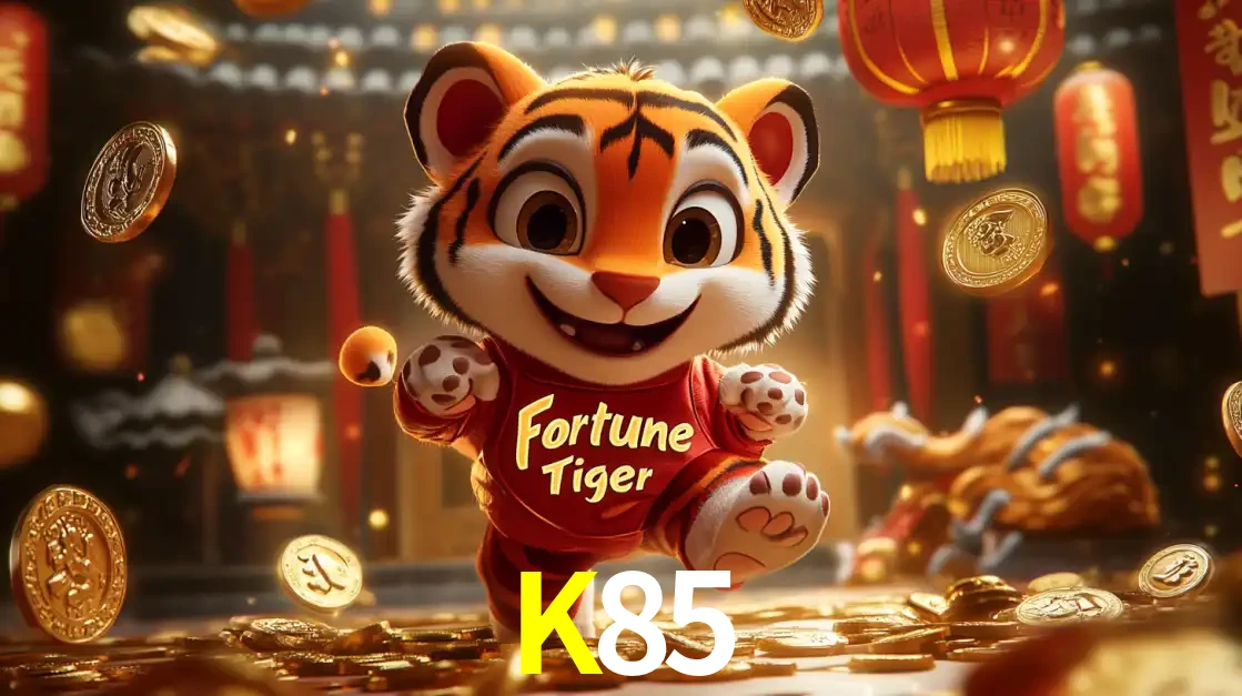 O alegre personagem do Fortune Tiger correndo sobre um caminho de moedas de ouro, simbolizando os grandes prêmios e a diversão do popular jogo de slot do K85.