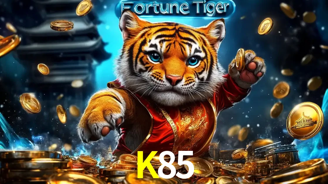 Imagem promocional do jogo de slot Fortune Tiger, com um tigre majestoso em traje tradicional cercado por uma fortuna em moedas de ouro, disponível agora no cassino K85.