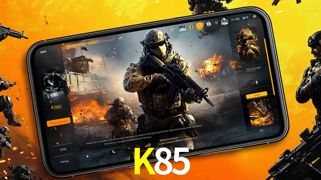 Um smartphone exibindo a interface de um jogo de tiro em primeira pessoa, com um soldado em um cenário de batalha, representando a ação dos e-sports para apostar no K85.