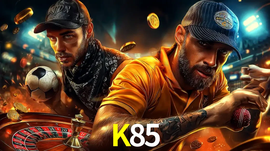 Montagem de apostas esportivas e cassino no K85, com um homem segurando uma bola de futebol e outro uma de beisebol sobre uma roleta e moedas voadoras.