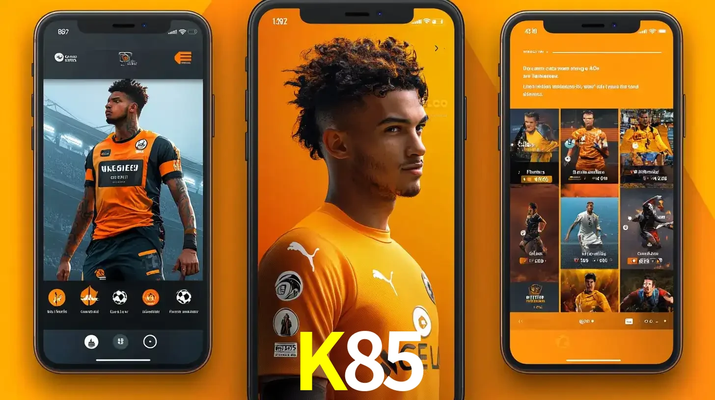 Interface do aplicativo de apostas esportivas K85 em três telas de celular, mostrando o perfil de um jogador de futebol e a lista de jogos disponíveis para apostar.