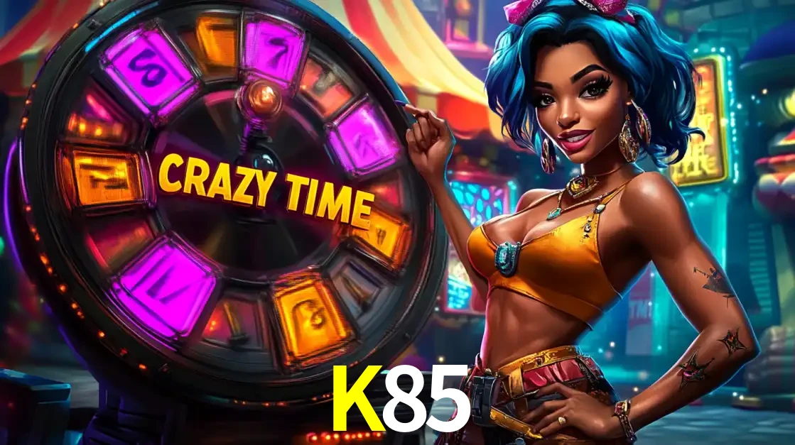 Mulher estilizada com cabelo azul e visual vibrante posando ao lado da roda de prêmios do game show Crazy Time, convidando para a diversão e os bônus do cassino K85.