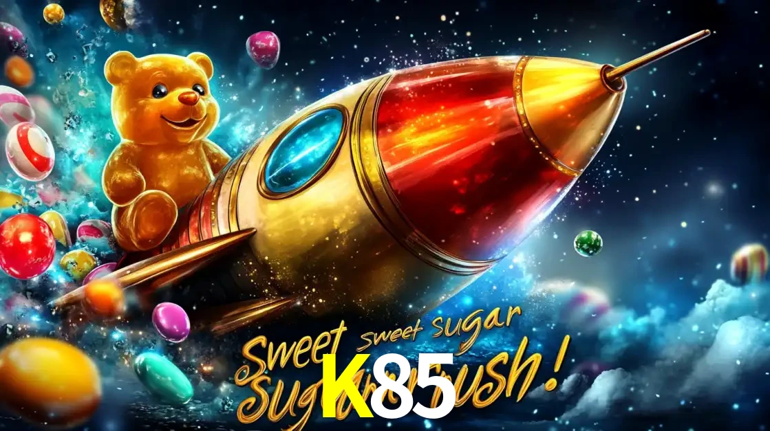 Arte promocional do jogo de slot Sugar Rush, com um urso de pelúcia em um foguete viajando pelo espaço de doces, um dos jogos divertidos disponíveis no cassino K85.