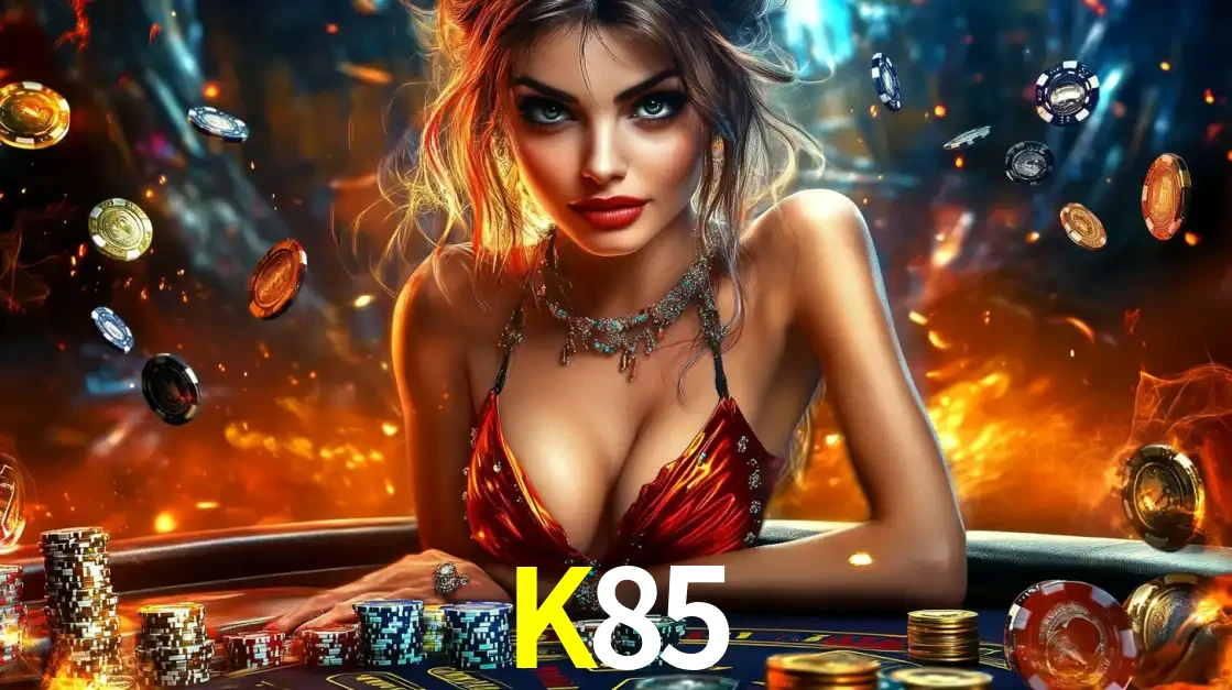 Mulher em uma mesa de cassino com pilhas de fichas e um fundo de fogo, pronta para uma rodada de altas apostas nos jogos de mesa emocionantes do cassino K85.