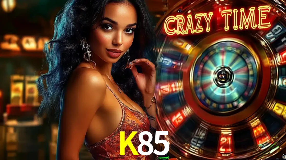 Mulher elegante ao lado da vibrante roda da fortuna do jogo de cassino ao vivo Crazy Time, um dos game shows mais populares e cheios de prêmios do K85.