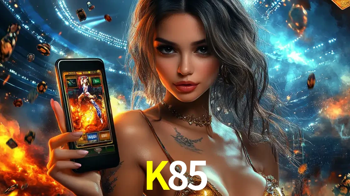 Mulher segurando um celular com um jogo de slot em destaque, tendo como fundo um estádio vibrante, simbolizando a emoção de jogar no cassino móvel K85.