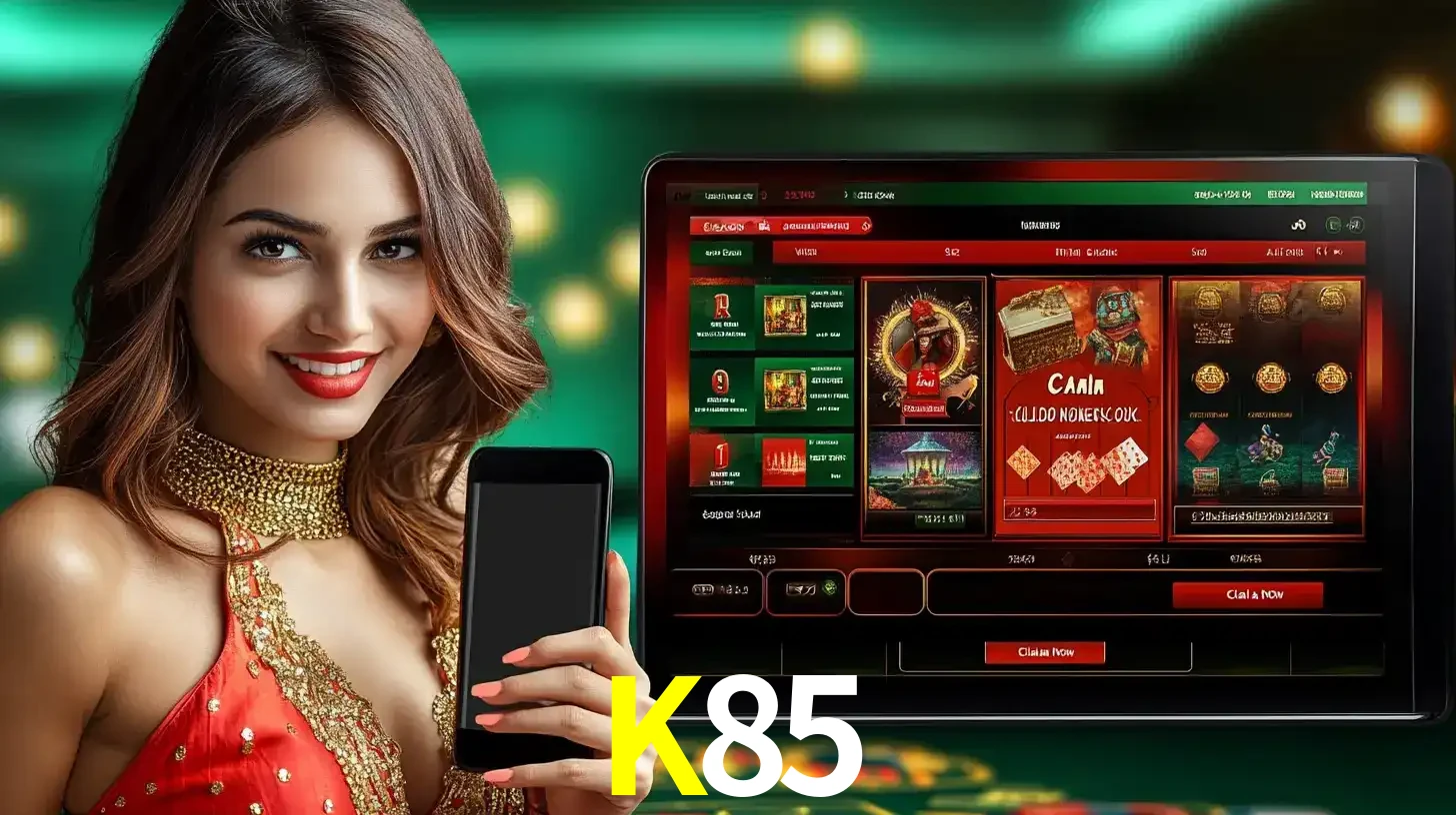 Mulher sorridente segurando um smartphone, ao lado de uma tela exibindo o lobby de jogos do cassino online K85, com várias opções de jogos de cartas e slots.